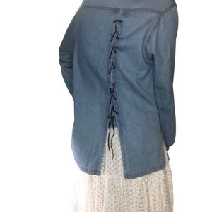 Vtg 90's Retro Denim Chambray Shirt Sz M USA Made Leather Laced Details Western